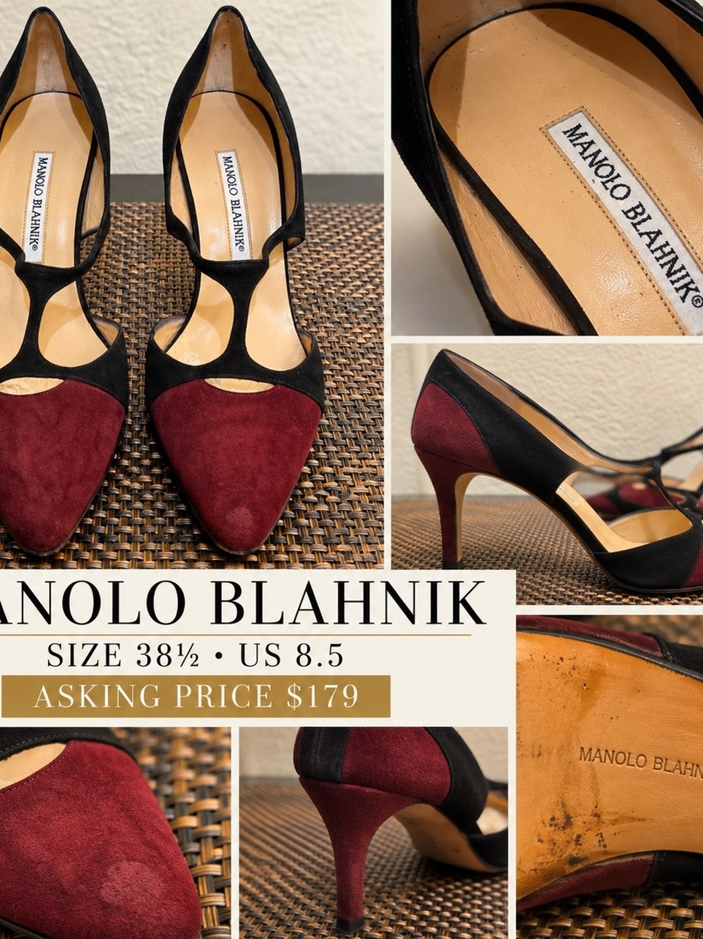 Manolo Blahnik Burgundy and Black Suede T‑Strap Pointed Pumps